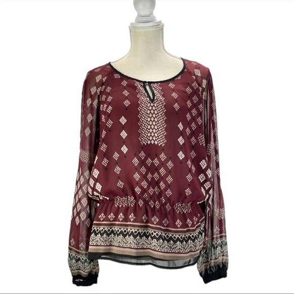 Adrianna Papell Popover Top M Boho Maroon Print Balloon Keyhole Cinch Waist - Picture 1 of 9